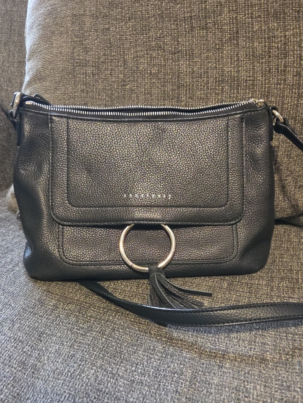 Sanctuary Black Leather Crossbody Bag with Ring Tassel